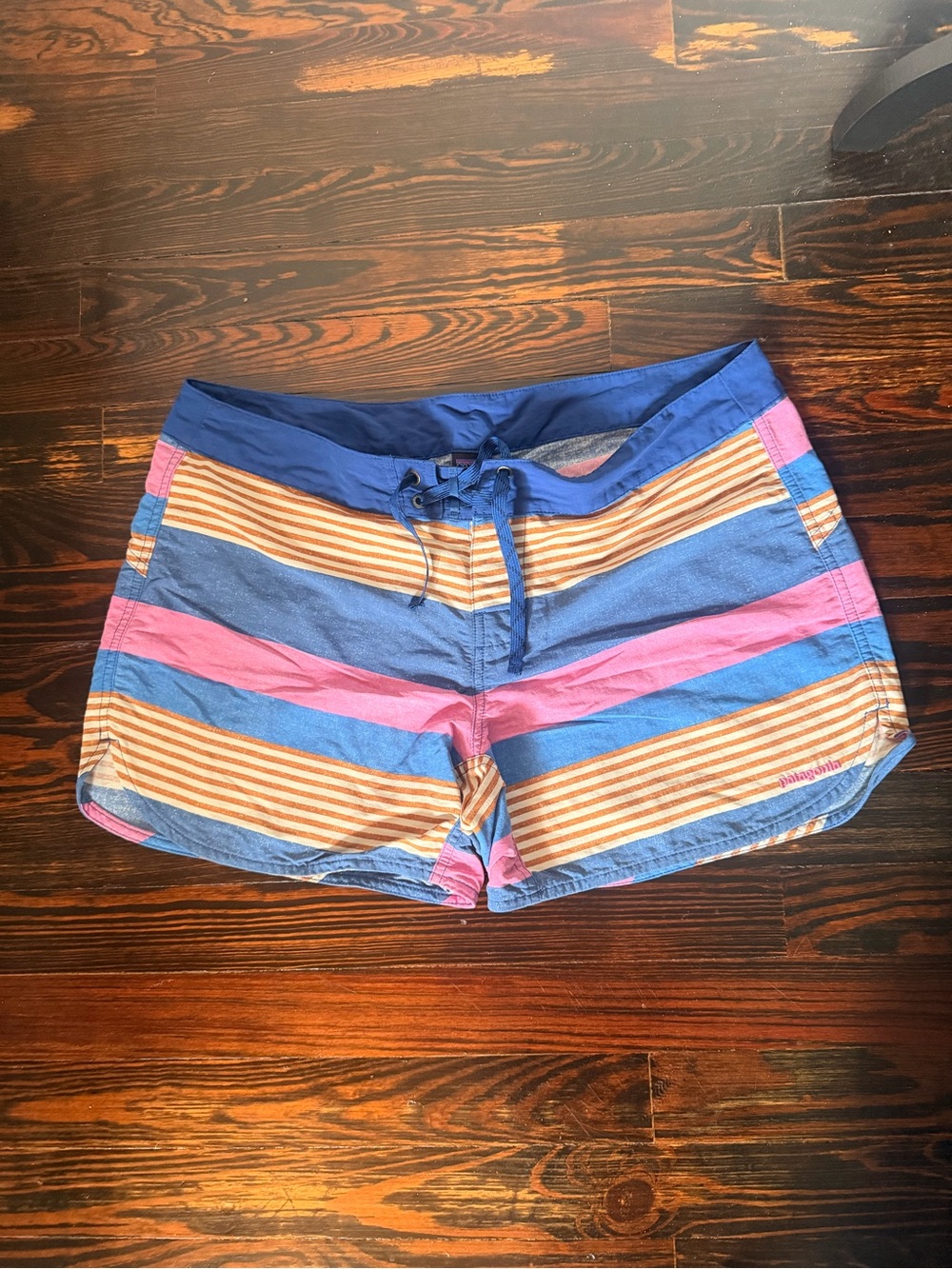 Patagonia Women’s Striped Board Shorts in Blue, Pink & Tan - Size 12